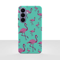 Samsung Galaxy S26 Plus deksel Flamingo med rosa flamingoer på tyrkis bakgrunn på hvit bakgrunn.
