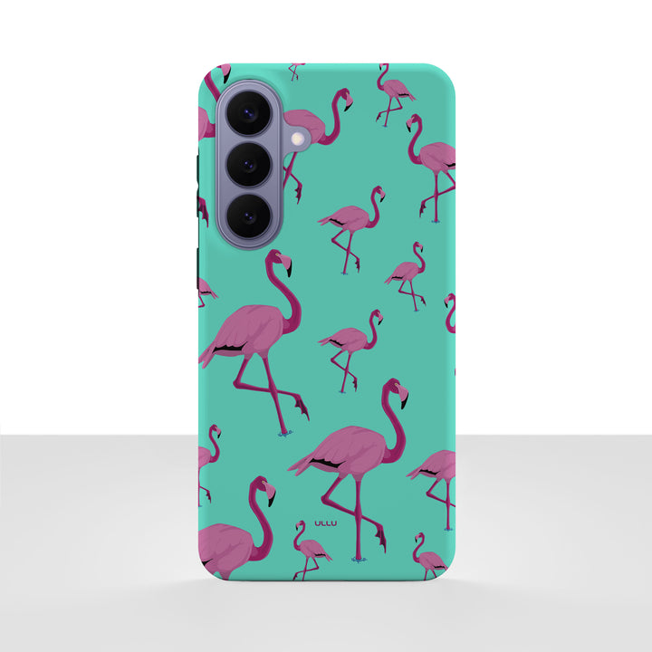 Samsung Galaxy S26 Plus deksel Flamingo med rosa flamingoer på tyrkis bakgrunn på hvit bakgrunn.