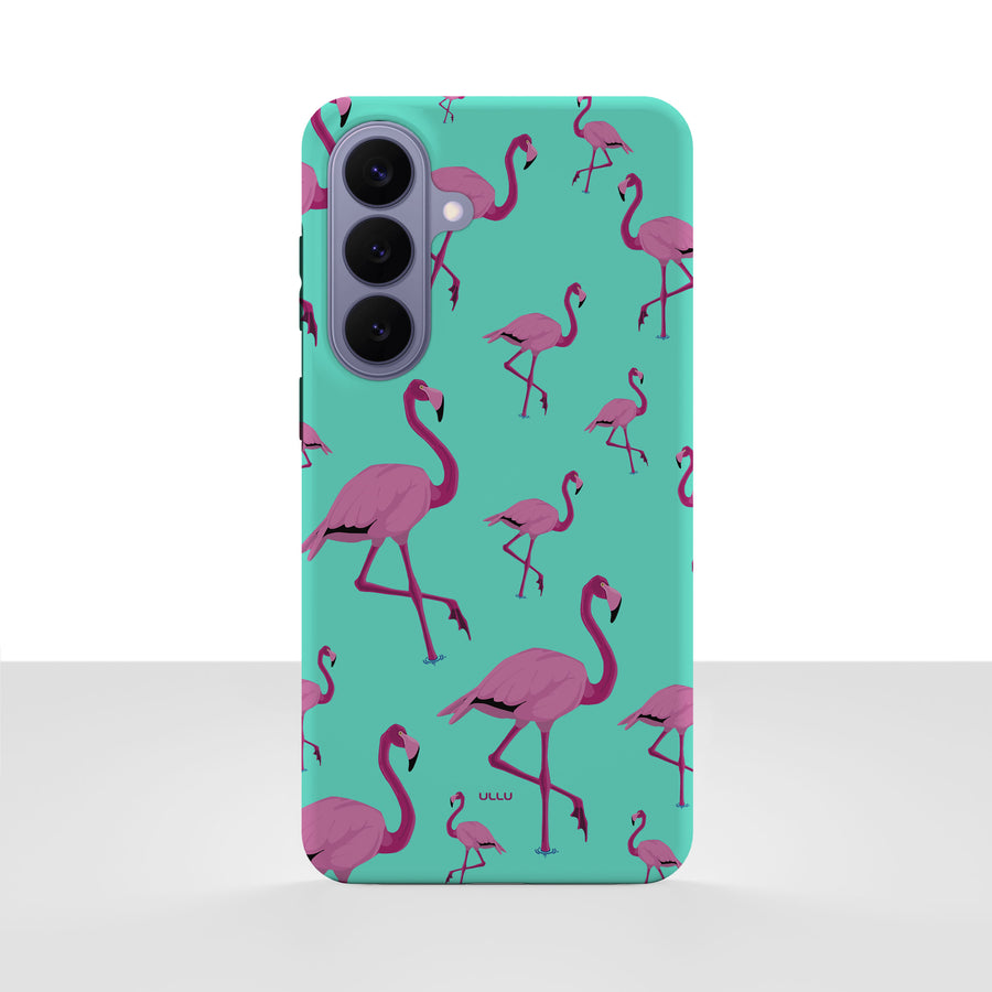 Samsung Galaxy S26 Plus deksel Flamingo med rosa flamingoer på tyrkis bakgrunn på hvit bakgrunn.