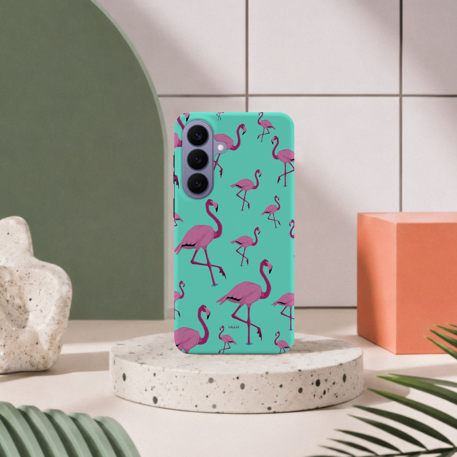 Samsung Galaxy S26 Plus-deksel Flamingos med rosa flamingoer på turkis bakgrunn i lyst interiør