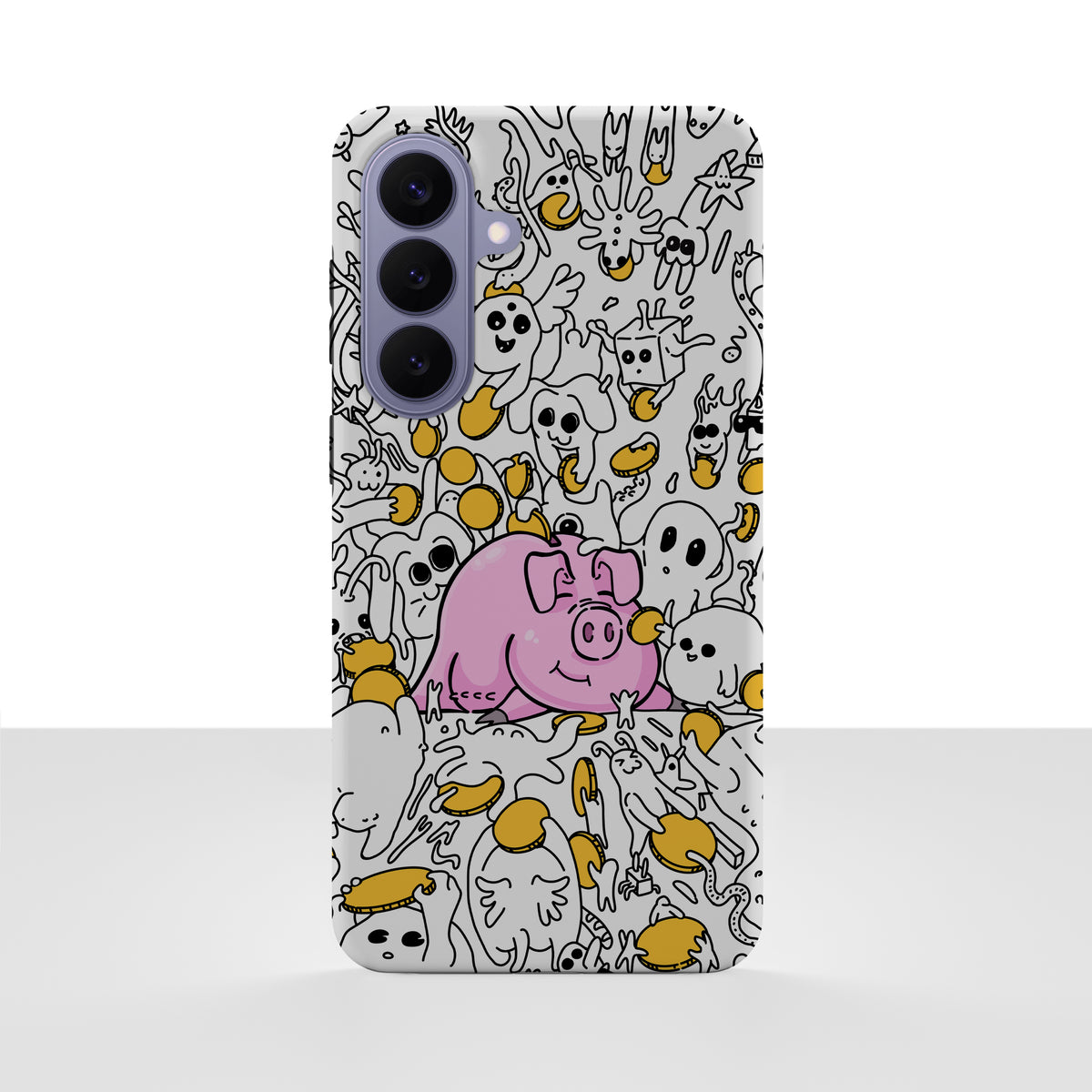 Samsung Galaxy S26 Plus-deksel Sparegris med en rosa sparegris, mynter og små tegninger på hvit bakgrunn, vist bakfra