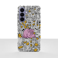 Samsung Galaxy S26 Plus-deksel Sparegris med en rosa sparegris, mynter og små tegninger på hvit bakgrunn, vist bakfra