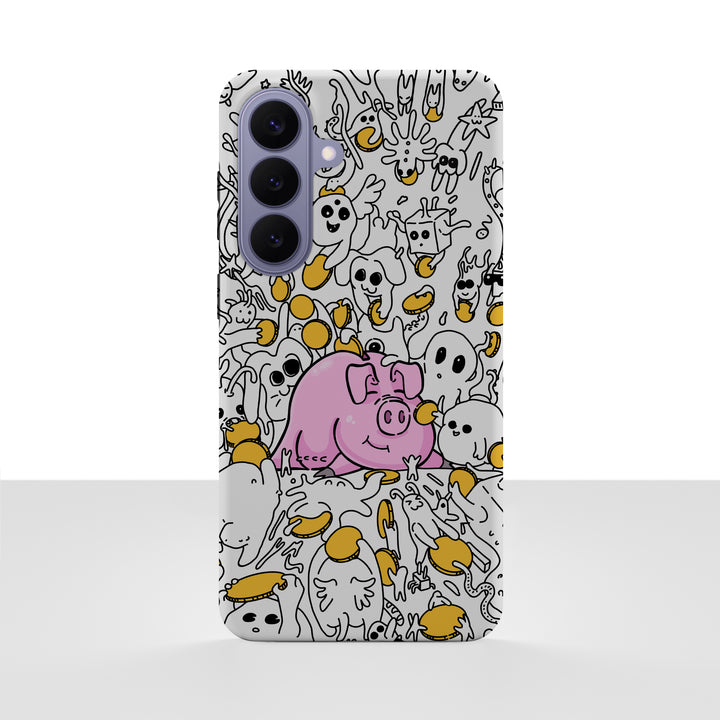 Samsung Galaxy S26 Plus-deksel Sparegris med en rosa sparegris, mynter og små tegninger på hvit bakgrunn, vist bakfra