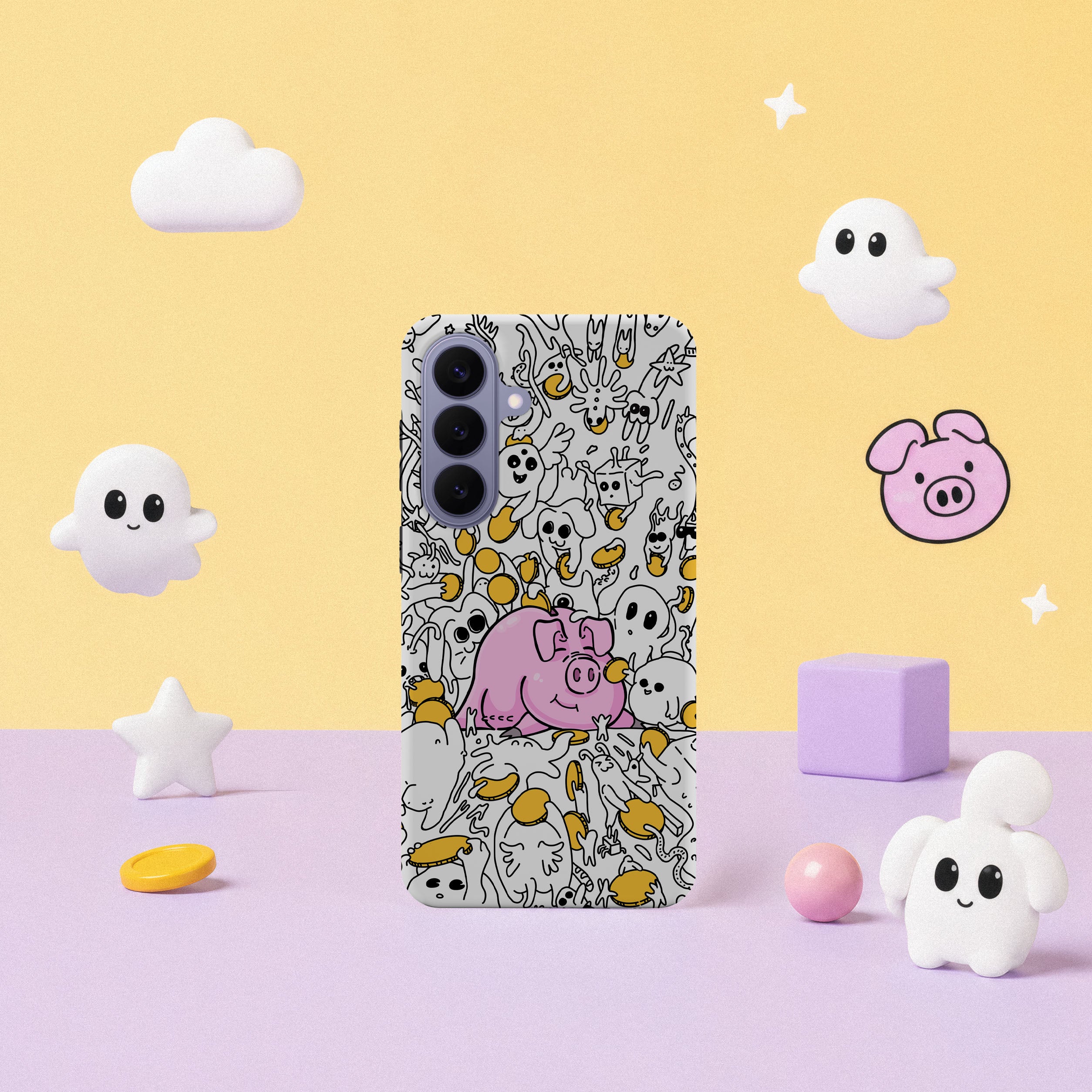 Samsung Galaxy S26 Plus-deksel Sparegris med en rosa sparegris, mynter og små tegninger på hvit bakgrunn i lyst interiør