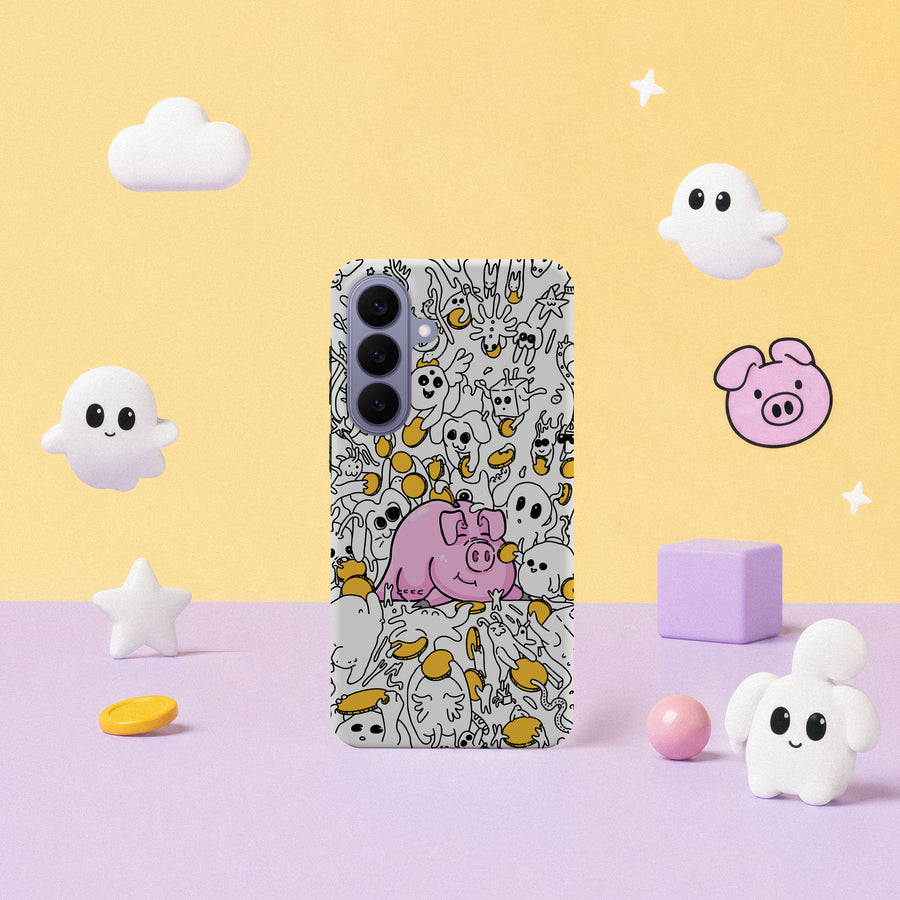Samsung Galaxy S26 Plus-deksel Sparegris med en rosa sparegris, mynter og små tegninger på hvit bakgrunn i lyst interiør