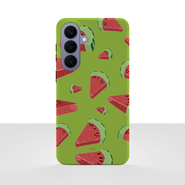 Samsung Galaxy S26 Plus deksel Vannmelon med vannmelonbåter på grønn bakgrunn på hvit bakgrunn.
