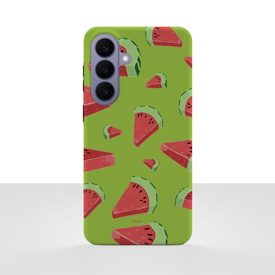 Samsung Galaxy S26 Plus deksel Vannmelon med vannmelonbåter på grønn bakgrunn på hvit bakgrunn.