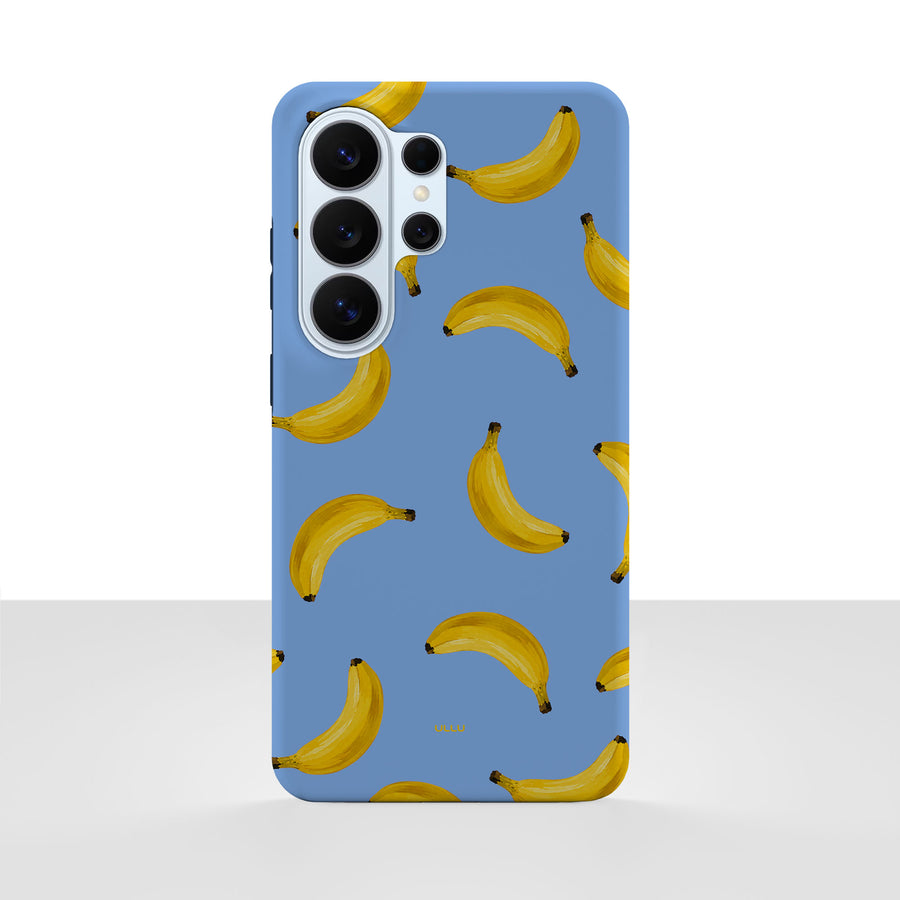 Samsung Galaxy S26 Ultra-deksel Bananorama med gule bananer på lyseblå bakgrunn, vist bakfra