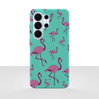 Samsung Galaxy S26 Ultra-deksel Flamingos med rosa flamingoer på turkis bakgrunn, vist bakfra