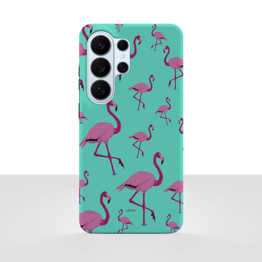 Samsung Galaxy S26 Ultra-deksel Flamingos med rosa flamingoer på turkis bakgrunn, vist bakfra