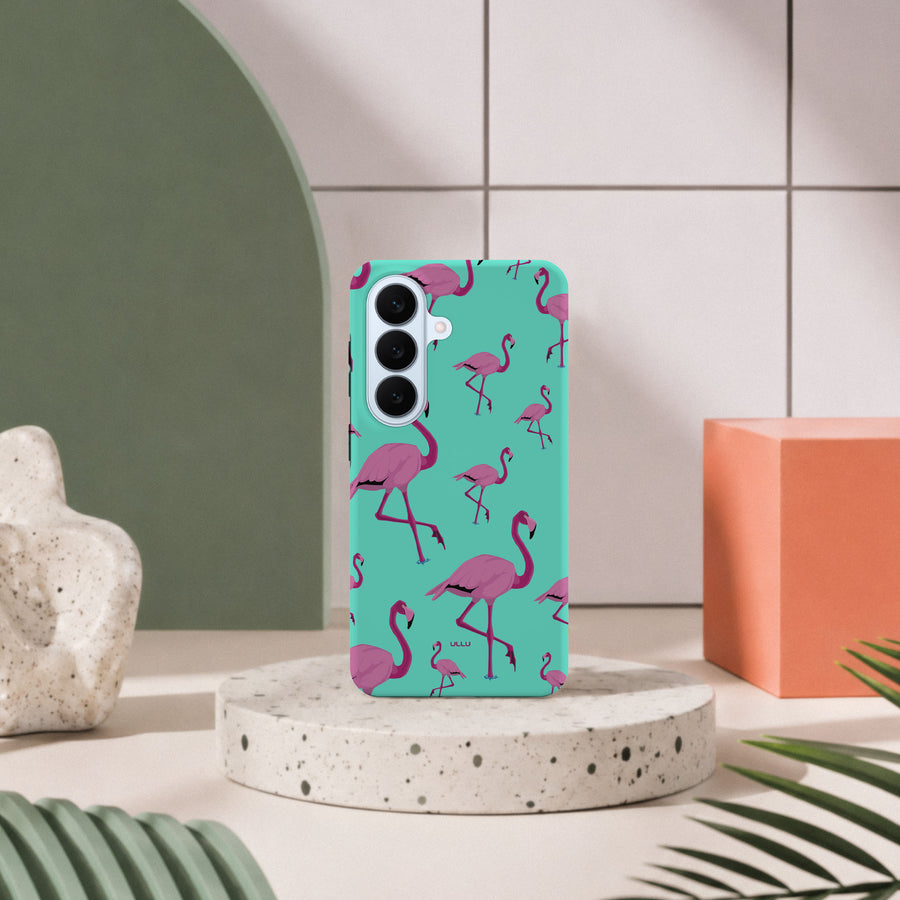 Samsung Galaxy S26-deksel Flamingos med rosa flamingoer på turkis bakgrunn i lyst interiør