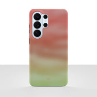 Samsung Galaxy S26 Ultra deksel Koraldis med varm korall, oransje og grønn gradient på hvit bakgrunn.