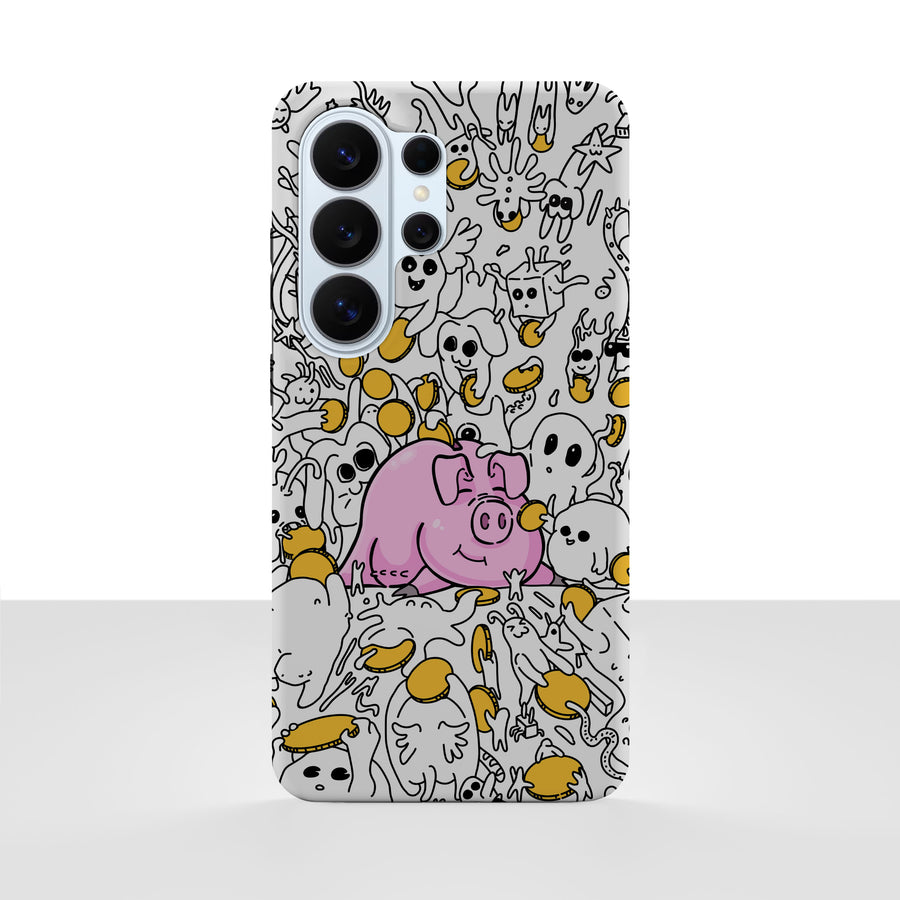 Samsung Galaxy S26 Ultra-deksel Sparegris med en rosa sparegris, mynter og små tegninger på hvit bakgrunn, vist bakfra