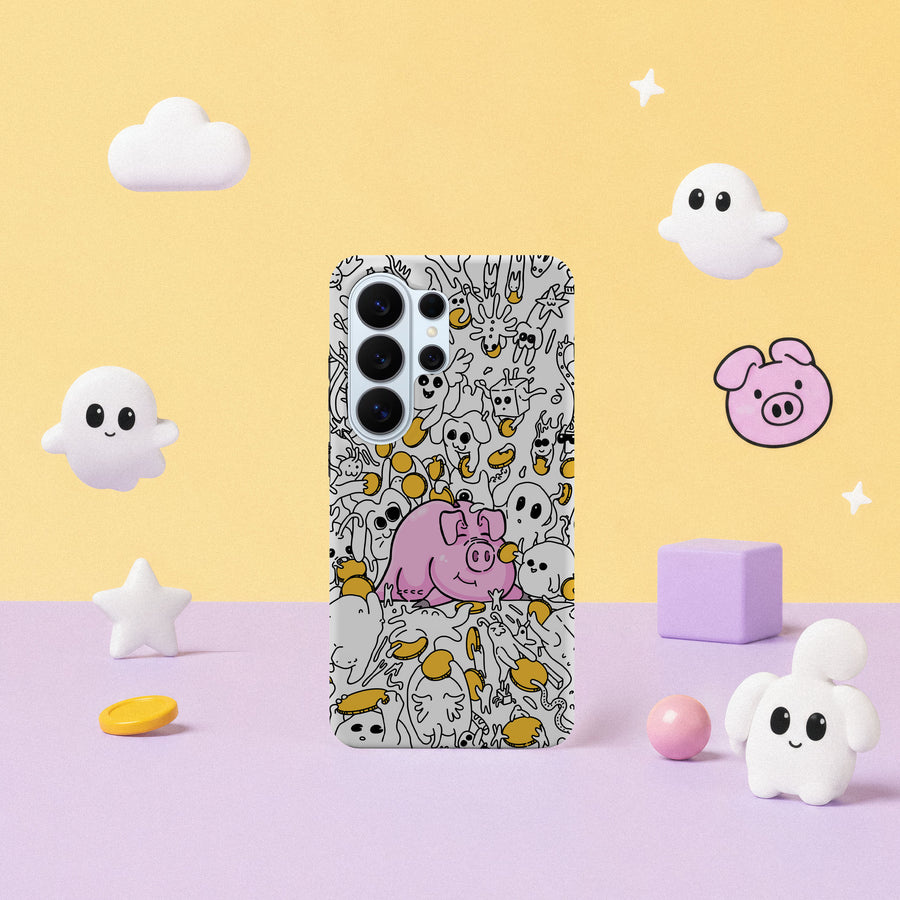 Samsung Galaxy S26 Ultra-deksel Sparegris med en rosa sparegris, mynter og små tegninger på hvit bakgrunn i lyst interiør