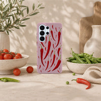 Samsung Galaxy S26 Ultra-deksel Sterk pepper med røde chilipepper på støvet rosa bakgrunn i lyst interiør