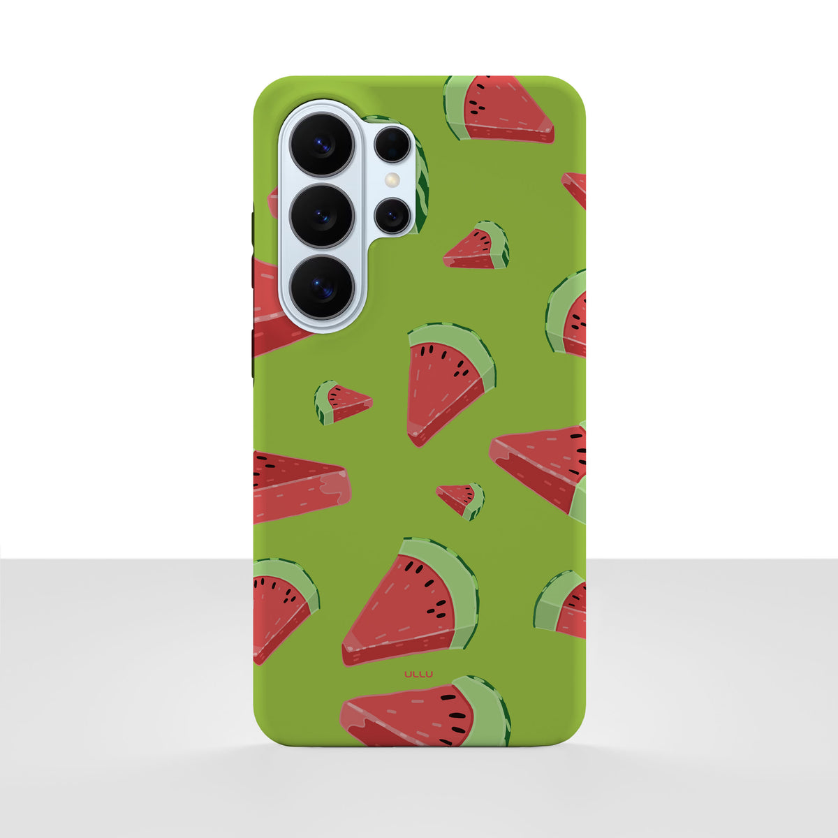 Samsung Galaxy S26 Ultra-deksel Vannmelon med vannmelonskiver på klargrønn bakgrunn, vist bakfra