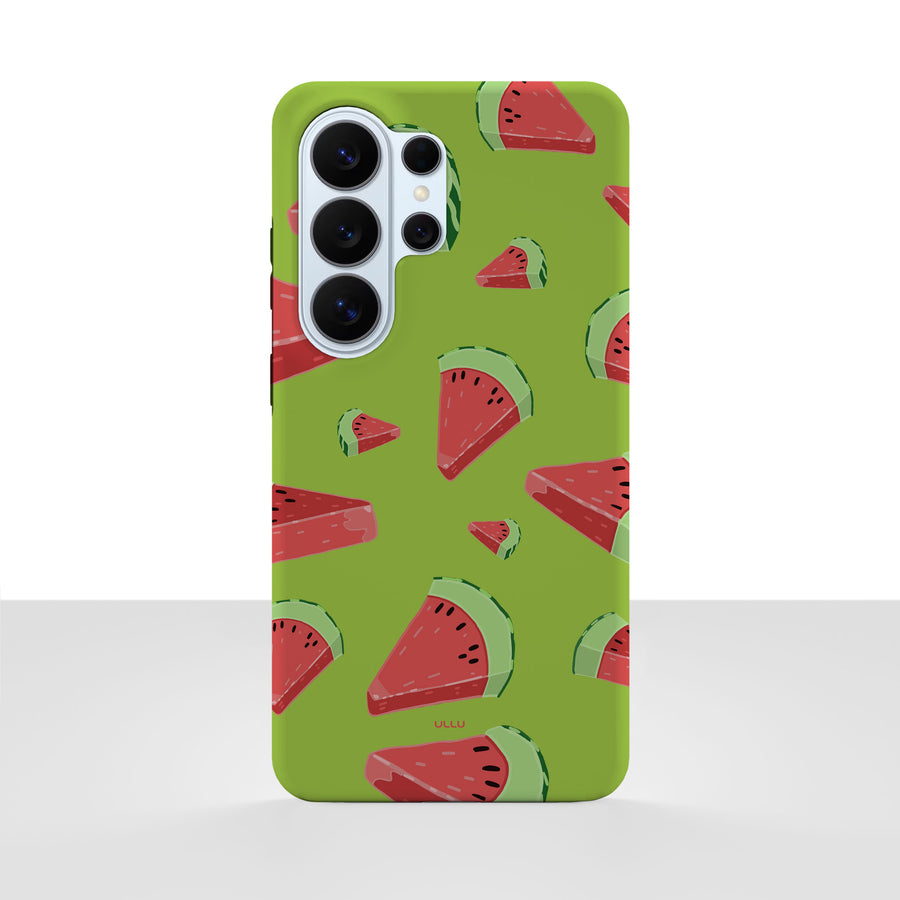Samsung Galaxy S26 Ultra-deksel Vannmelon med vannmelonskiver på klargrønn bakgrunn, vist bakfra