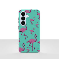 Samsung Galaxy S26 deksel Flamingo med rosa flamingoer på tyrkis bakgrunn på hvit bakgrunn.