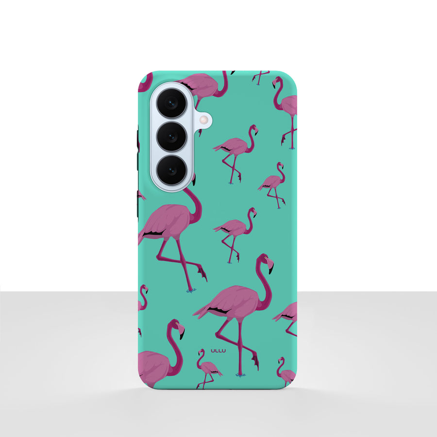 Samsung Galaxy S26 deksel Flamingo med rosa flamingoer på tyrkis bakgrunn på hvit bakgrunn.
