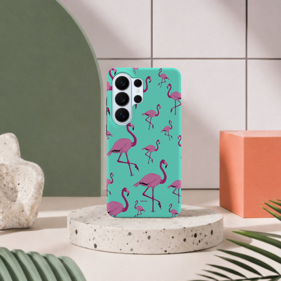 Samsung Galaxy S26 Ultra-deksel Flamingos med rosa flamingoer på turkis bakgrunn i lyst interiør