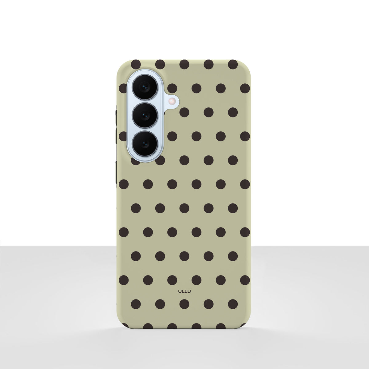 Samsung Galaxy S26-deksel Kaffe polkadots med svarte prikker på lys kaffefarget bakgrunn, vist bakfra