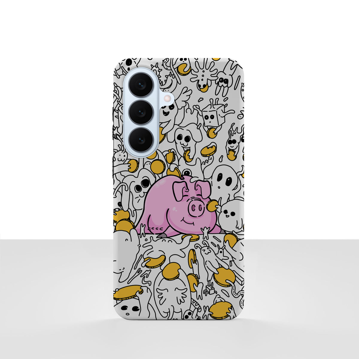 Samsung Galaxy S26-deksel Sparegris med en rosa sparegris, mynter og små tegninger på hvit bakgrunn, vist bakfra