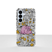 Samsung Galaxy S26-deksel Sparegris med en rosa sparegris, mynter og små tegninger på hvit bakgrunn, vist bakfra