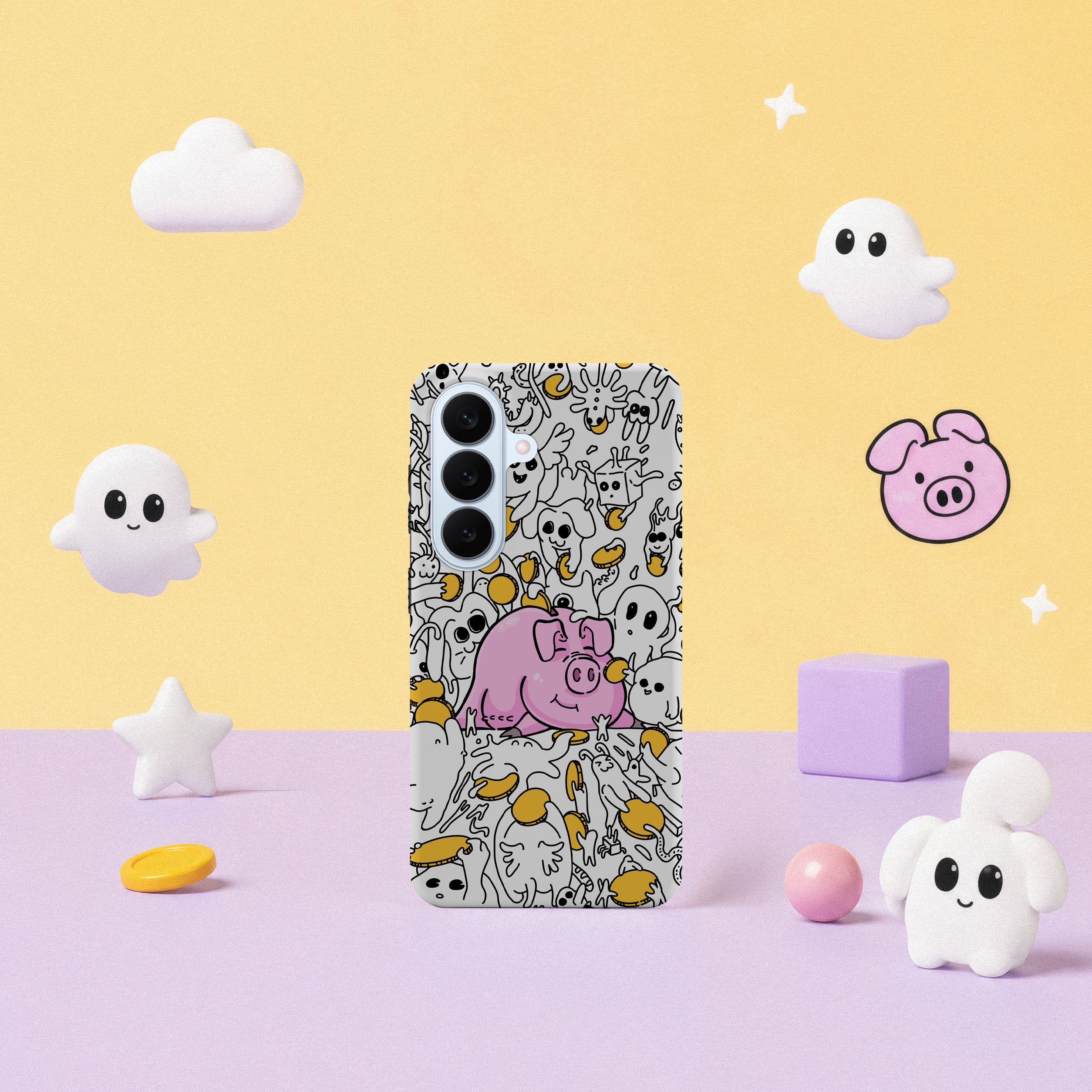 Samsung Galaxy S26-deksel Sparegris med en rosa sparegris, mynter og små tegninger på hvit bakgrunn i lyst interiør
