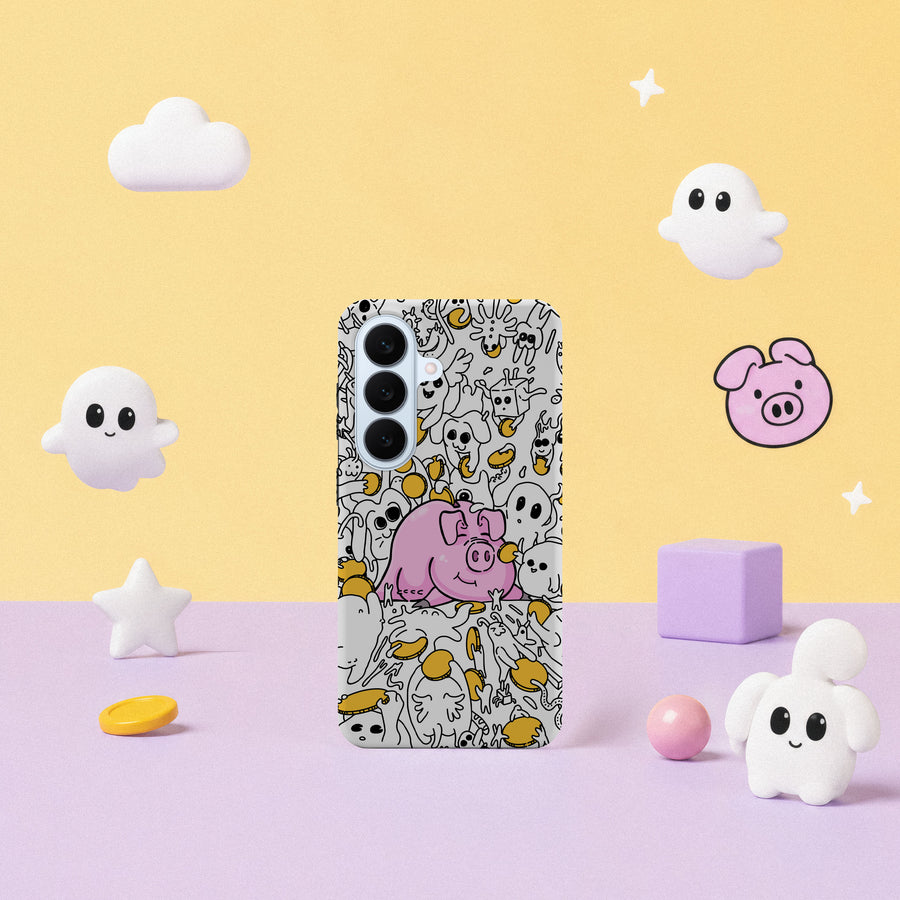 Samsung Galaxy S26-deksel Sparegris med en rosa sparegris, mynter og små tegninger på hvit bakgrunn i lyst interiør