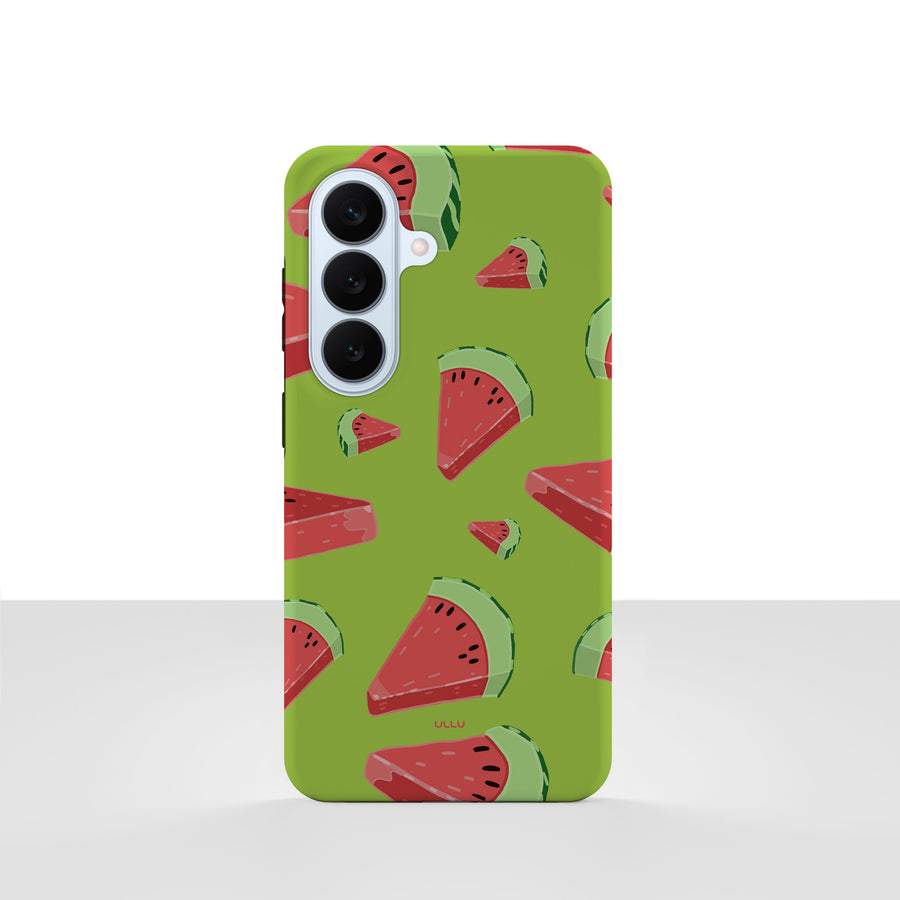 Samsung Galaxy S26 deksel Vannmelon med vannmelonbåter på grønn bakgrunn på hvit bakgrunn.