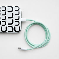 Mint flettet USB-C-kabel koblet til iPhone 16 Pro Max