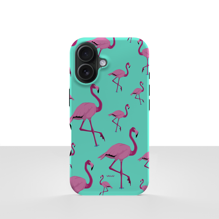iPhone 16 deksel Flamingos med rosa flamingoer på turkis bakgrunn