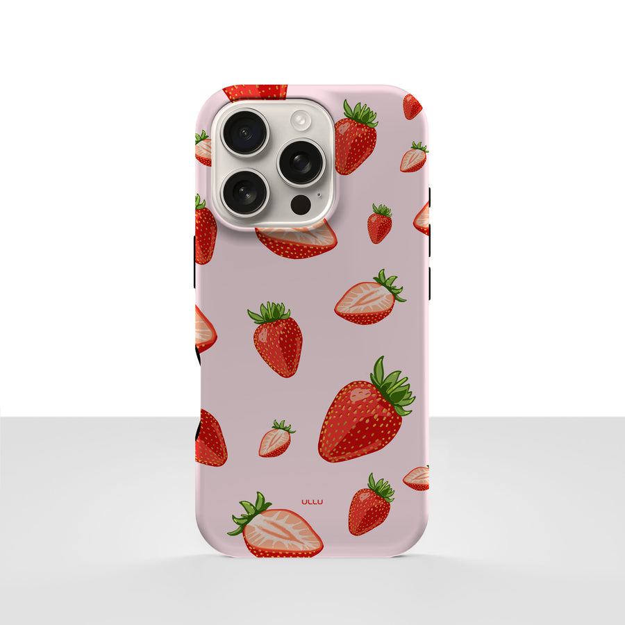 iPhone 16 Pro deksel Jordbær med røde jordbær på lys rosa bakgrunn