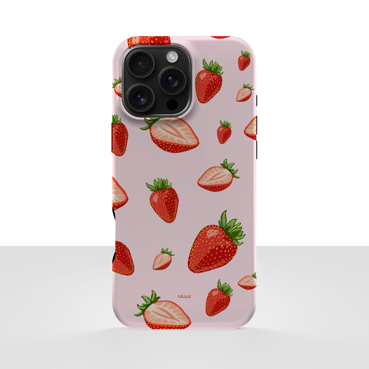 iPhone 16 Pro Max deksel Jordbær med røde jordbær på lys rosa bakgrunn