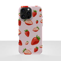 iPhone 16 Pro Max deksel Jordbær med røde jordbær på lys rosa bakgrunn