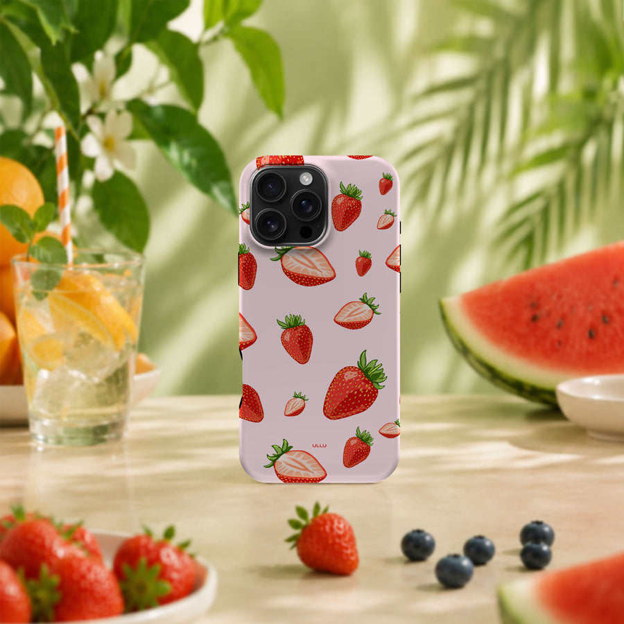 iPhone 16 Pro Max deksel Jordbær med røde jordbær i tropisk sommermiljø med frukt og grønne planter