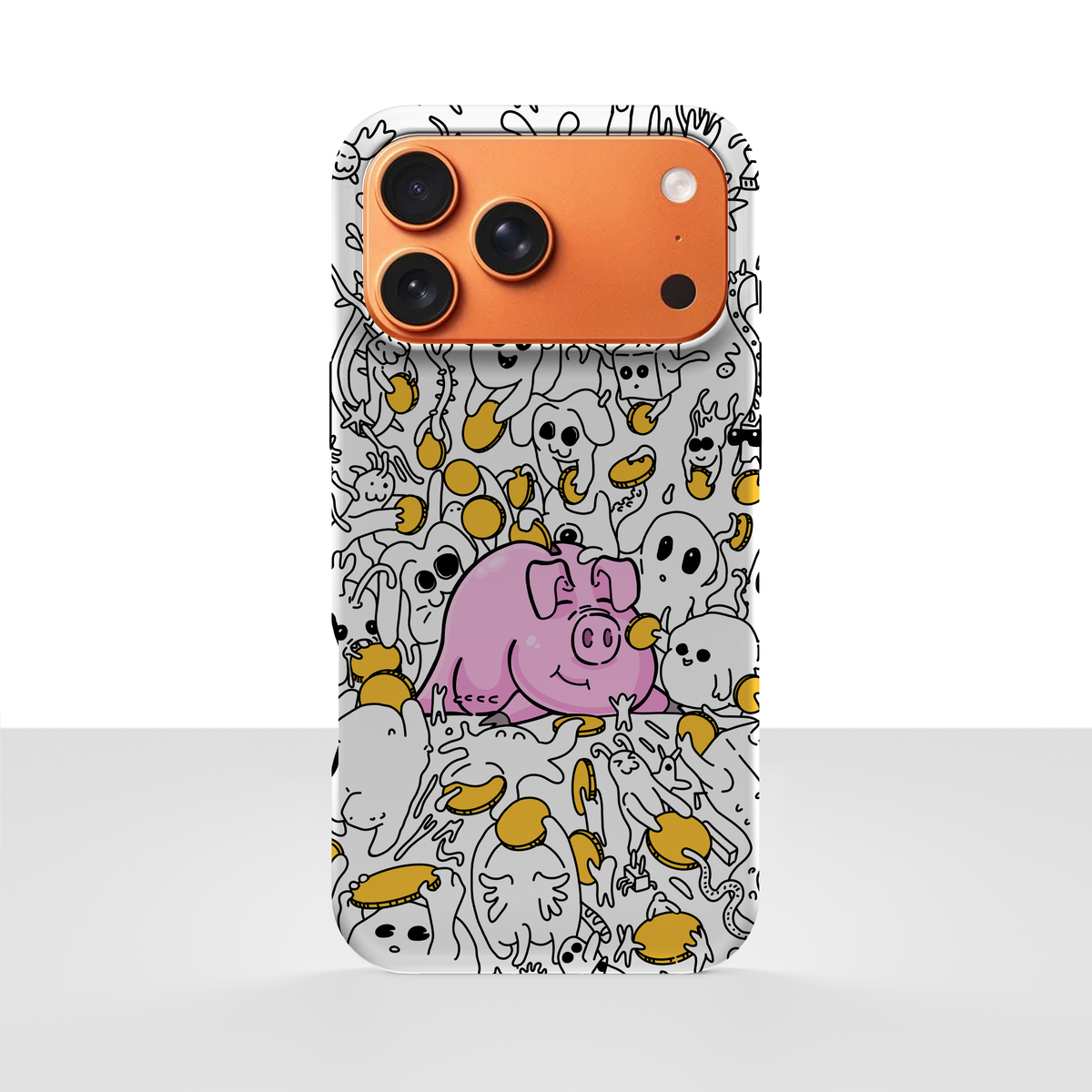 iPhone 16 Pro Max deksel Sparegris med rosa gris, små spøkelser og gule mynter på hvit bakgrunn
