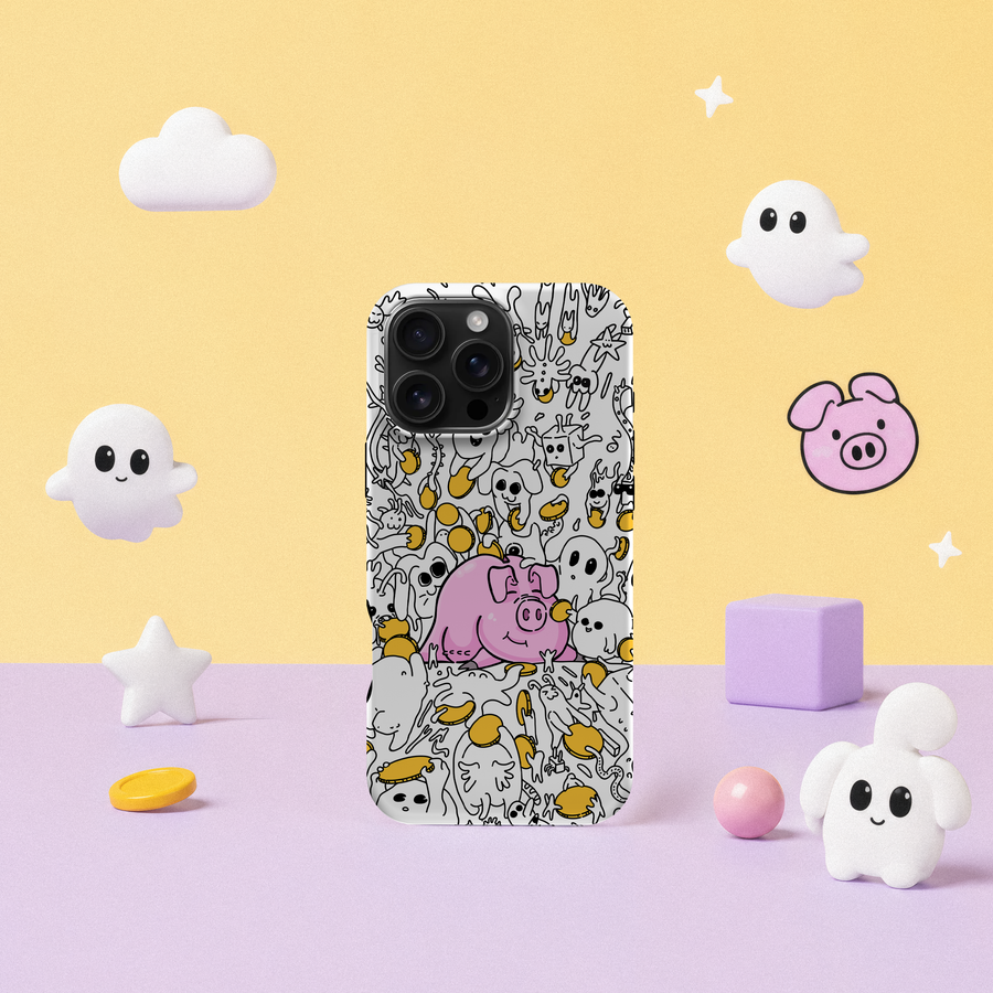 iPhone 16 Pro Max deksel Sparegris i leken pastellscene med rosa gris, små spøkelser og gule mynter