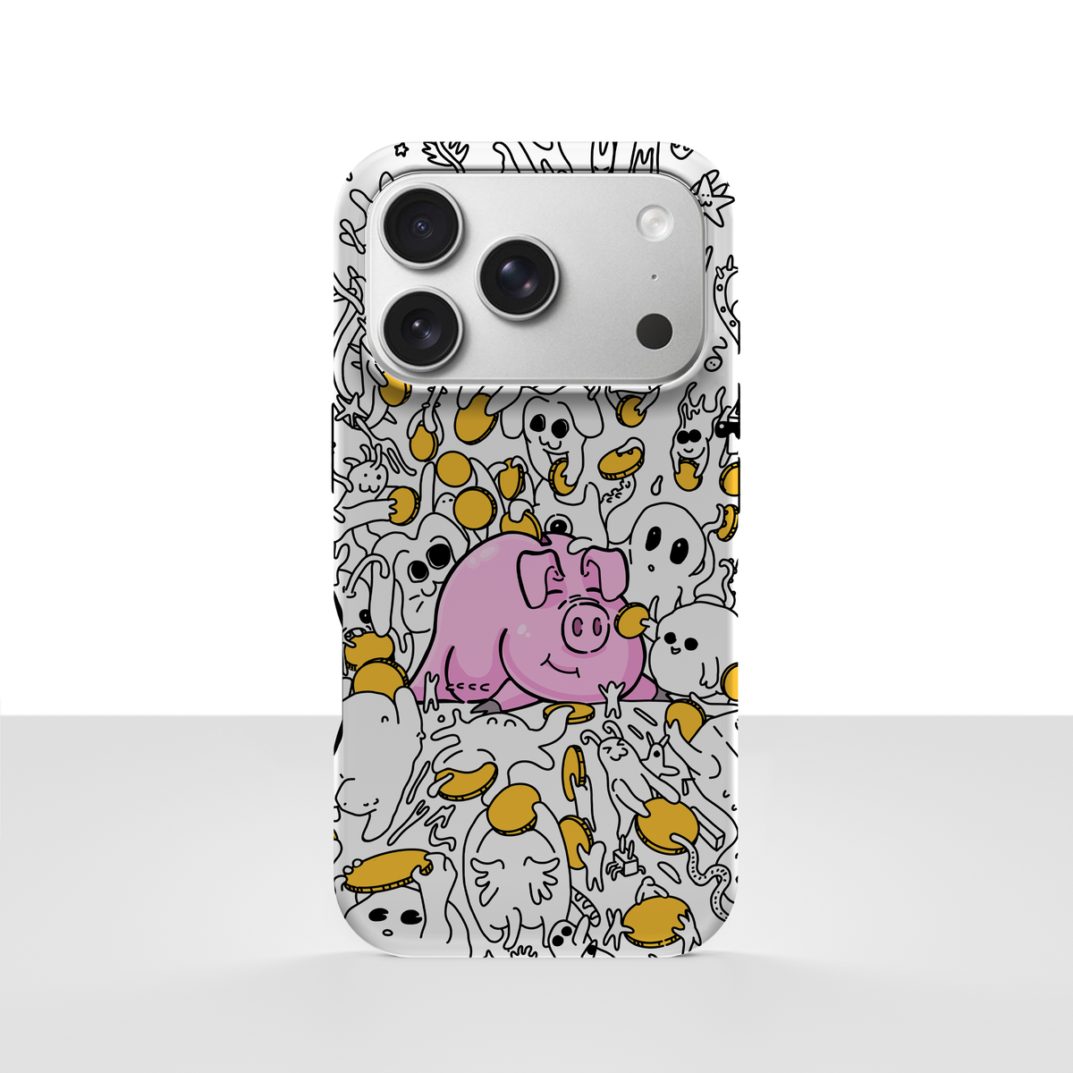 iPhone 16 Pro deksel Sparegris med rosa gris, små spøkelser og gule mynter på hvit bakgrunn