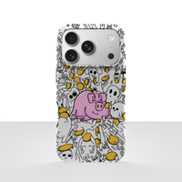 iPhone 16 Pro deksel Sparegris med rosa gris, små spøkelser og gule mynter på hvit bakgrunn