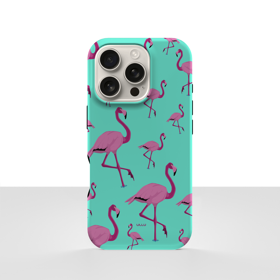 iPhone 16 Pro deksel Flamingos med rosa flamingoer på turkis bakgrunn