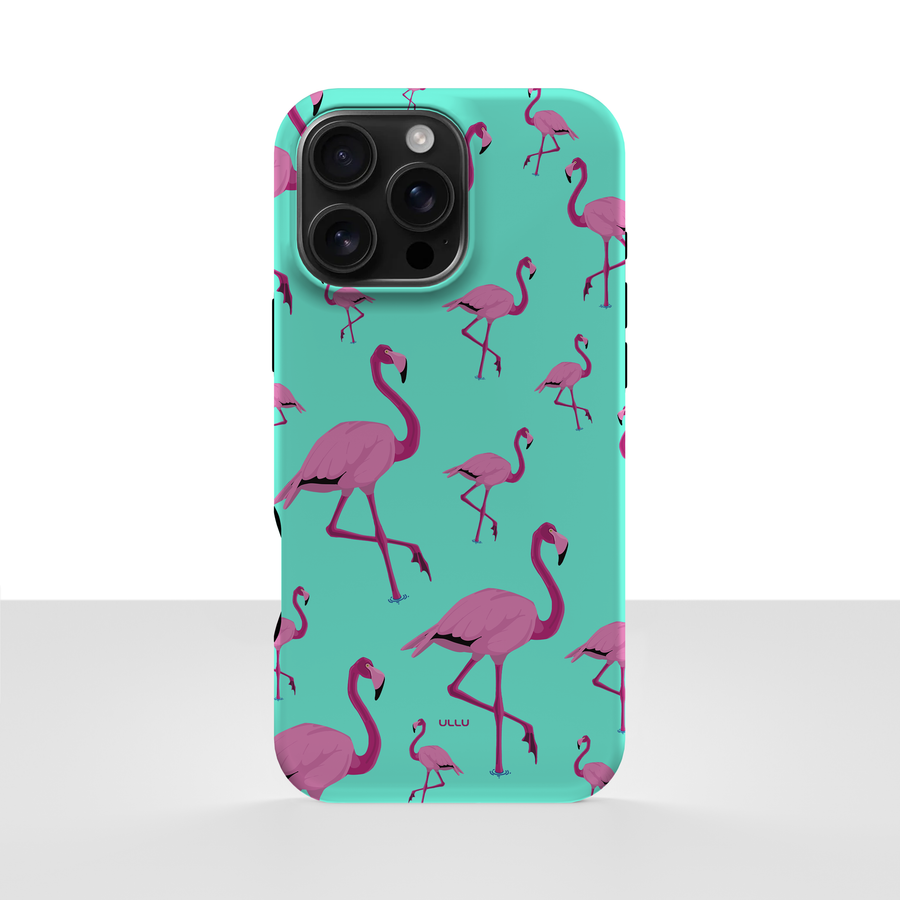 iPhone 16 Pro Max deksel Flamingos med rosa flamingoer på turkis bakgrunn