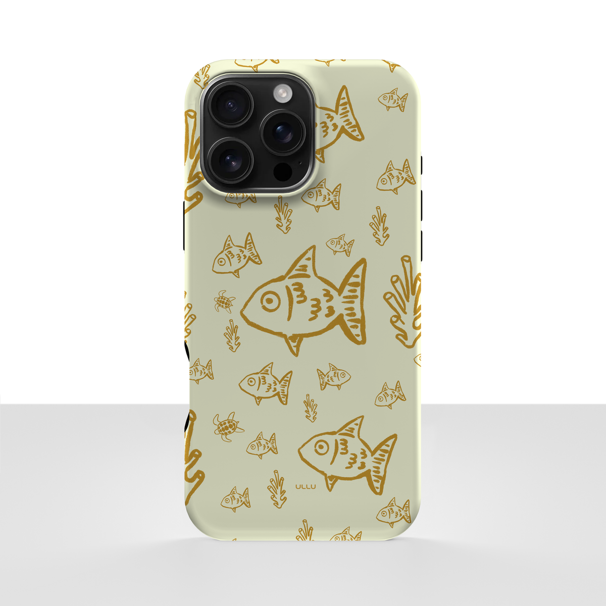 iPhone 16 Pro Max deksel Havdypet med gullfargede fisk og undervannsmotiver på kremhvit bakgrunn