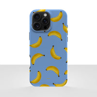 iPhone 16 Pro Max-deksel Bananorama med gule bananer på lyseblå bakgrunn, vist bakfra