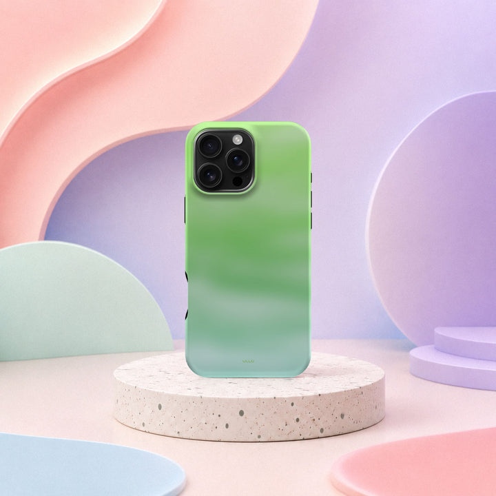 iPhone 16 Pro Max deksel Myntedis med grønn og mintfarget gradient i mykt pastellinteriør