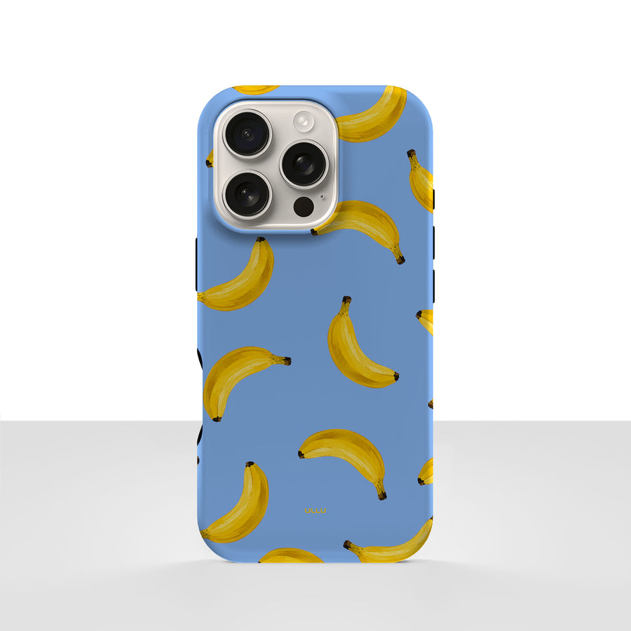 iPhone 16 Pro-deksel Bananorama med gule bananer på lyseblå bakgrunn, vist bakfra