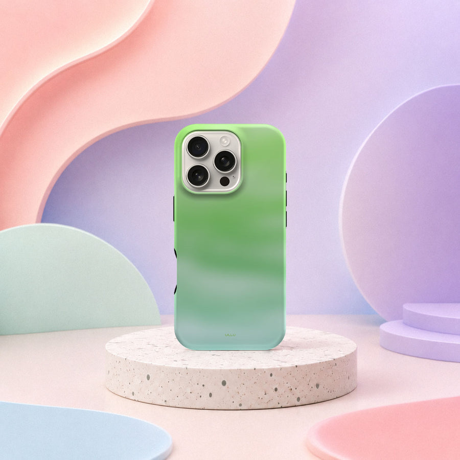 iPhone 16 Pro deksel Myntedis med grønn og mintfarget gradient i mykt pastellinteriør