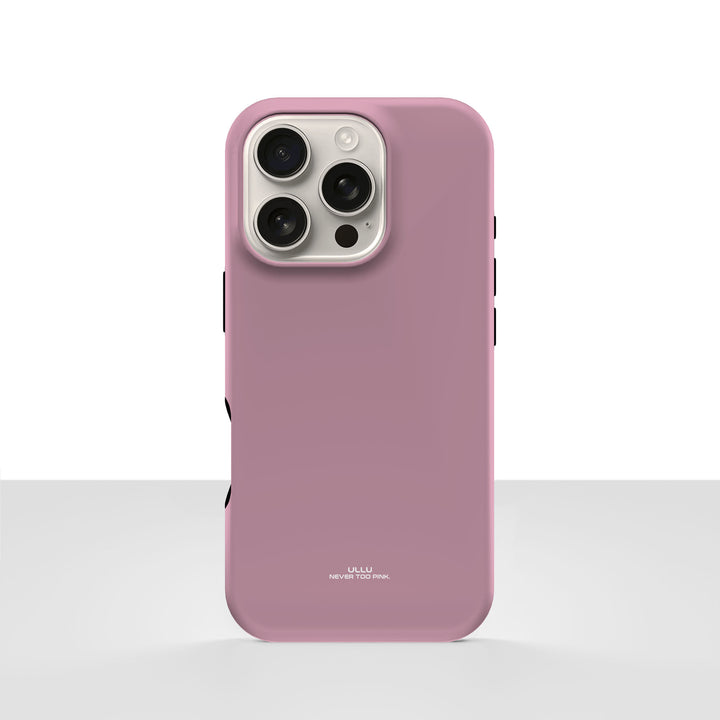 iPhone 16 Pro-deksel Never too PINK med en ren, dempet rosatone, vist bakfra