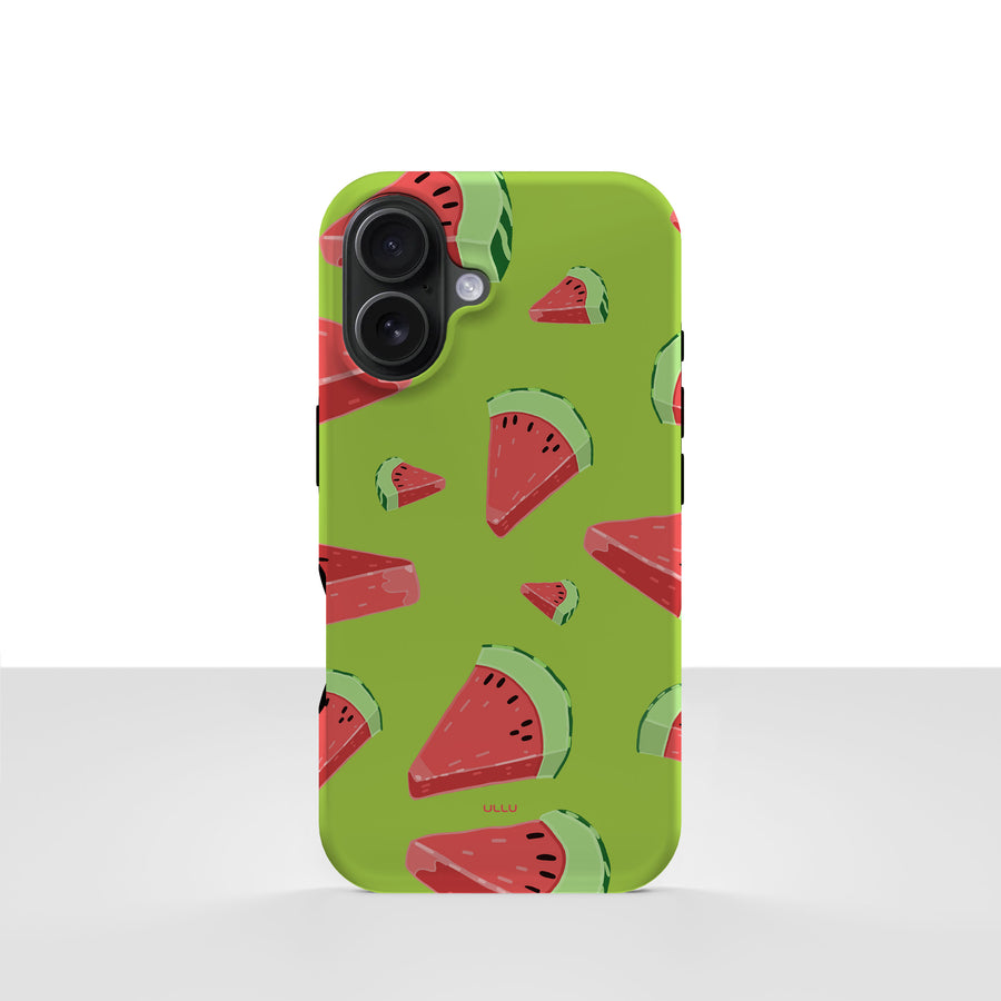 iPhone 16 deksel Vannmelon med vannmelonskiver på grønn bakgrunn