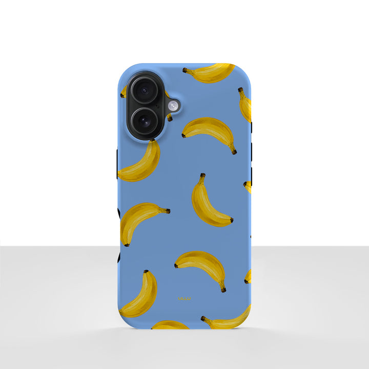 iPhone 16-deksel Bananorama med gule bananer på lyseblå bakgrunn, vist bakfra